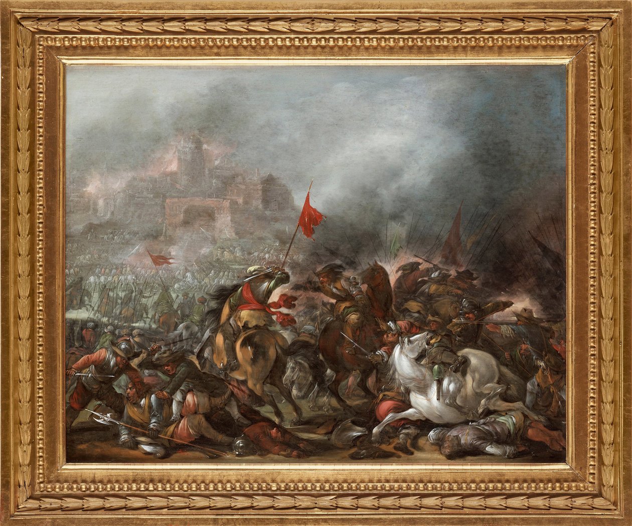 Kamp mellem tyrkere og kristne under den osmanniske hærs erobring af Konstantinopel i 1453 - Maleri af Jacob Matthias Weyer (1620-1670), olie på træ (39x49 cm) - Den tyrkiske krig, Olie på træ af Jacob Matthias Weyer - Privat samling af Jacob Weyer