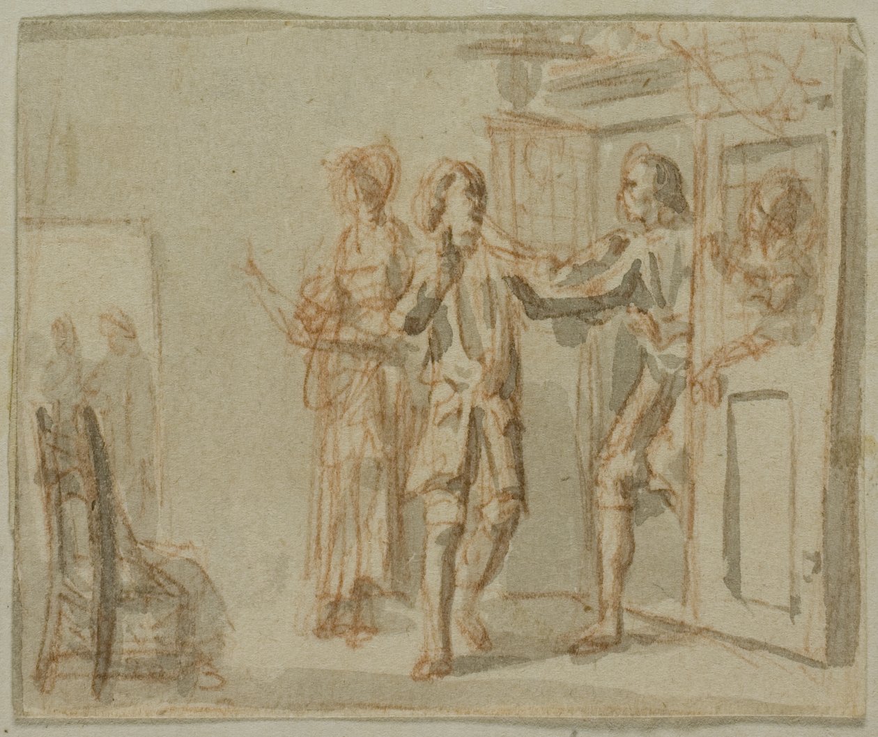 Litterær illustration: To mænd og en kvinde i et interiør af Jacob Wilhelm Mechau
