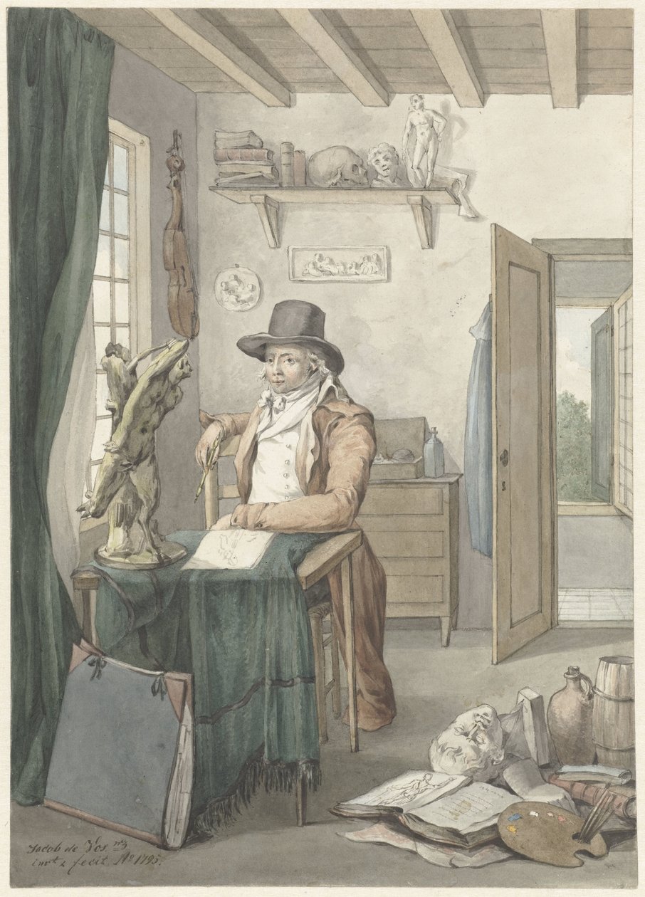 Portræt af kunstneren Jacob Smies i et atelier med kunstgenstande af Jacob Willemz. de Vos