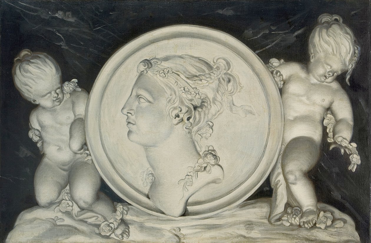 Flora i en malet rundel understøttet af putti, der flyder på skyer (par 421581) af Jacob Xavery