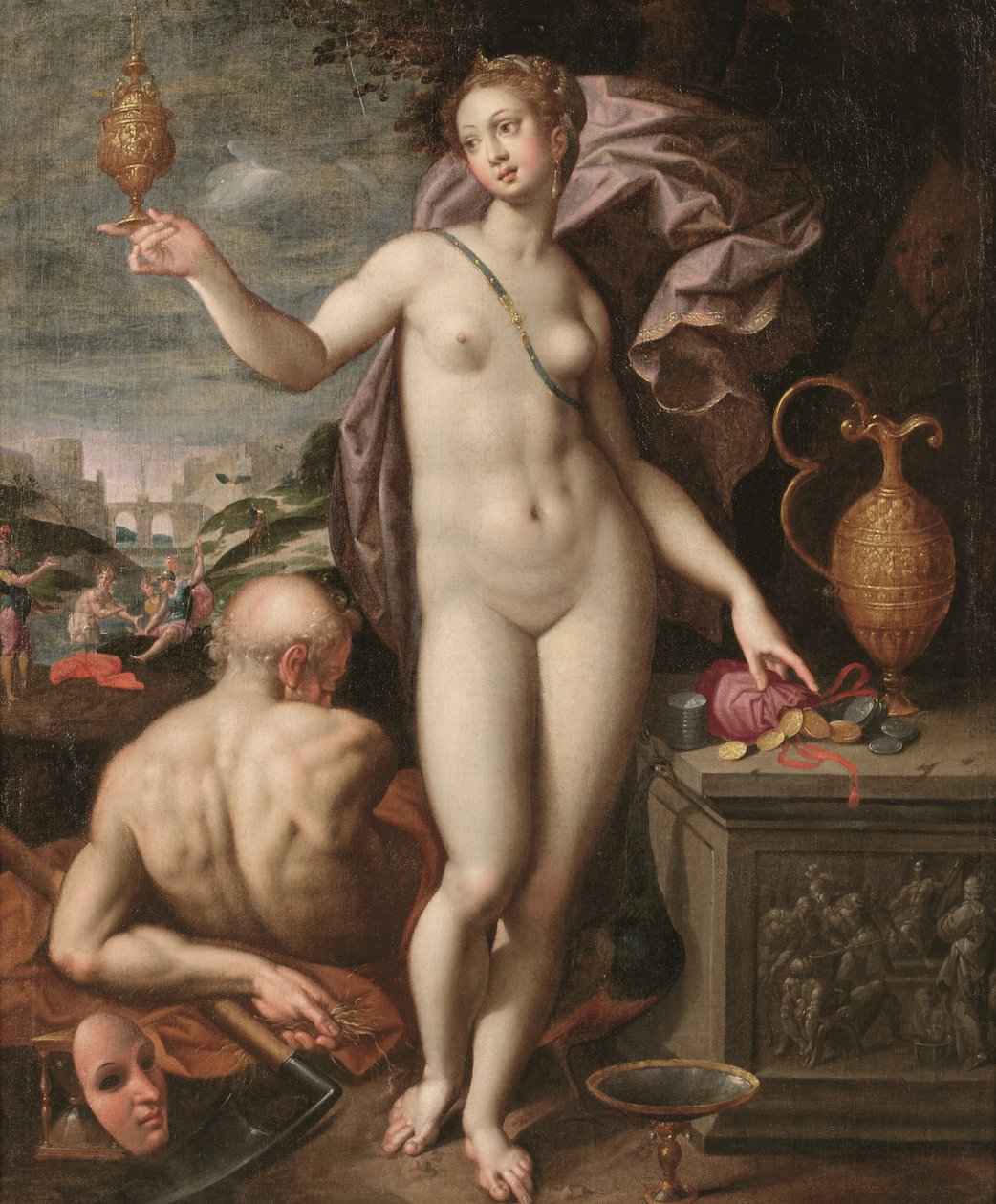 Juno holder et gyldent kar og en pengepose (olie på lærred) af Jacob de (studio of) Backer