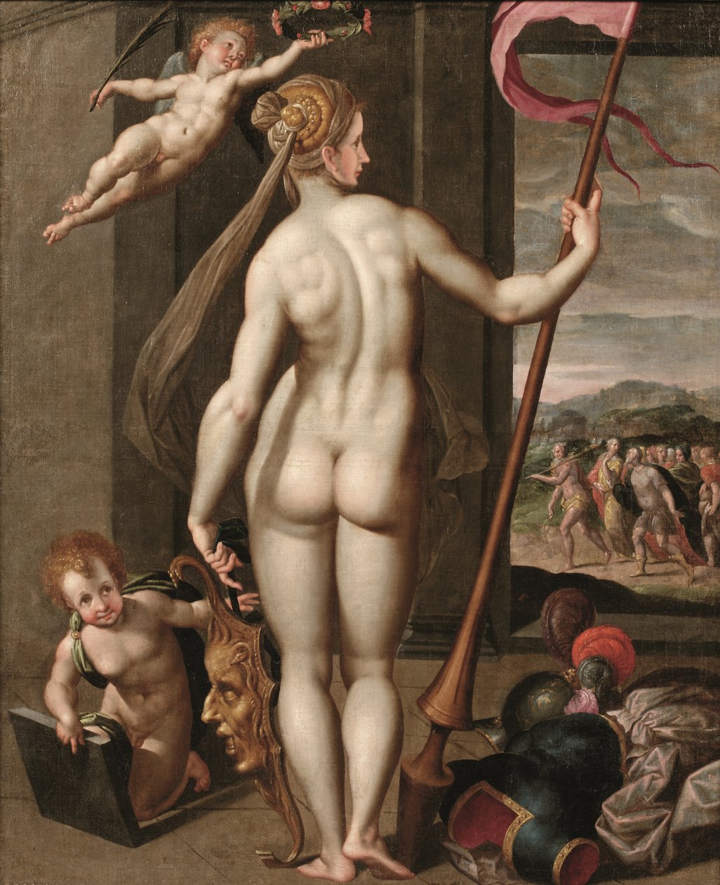 Minerva holder en lanse, mens den bliver kronet med laurbær af en putto (olie på lærred) af Jacob de (studio of) Backer
