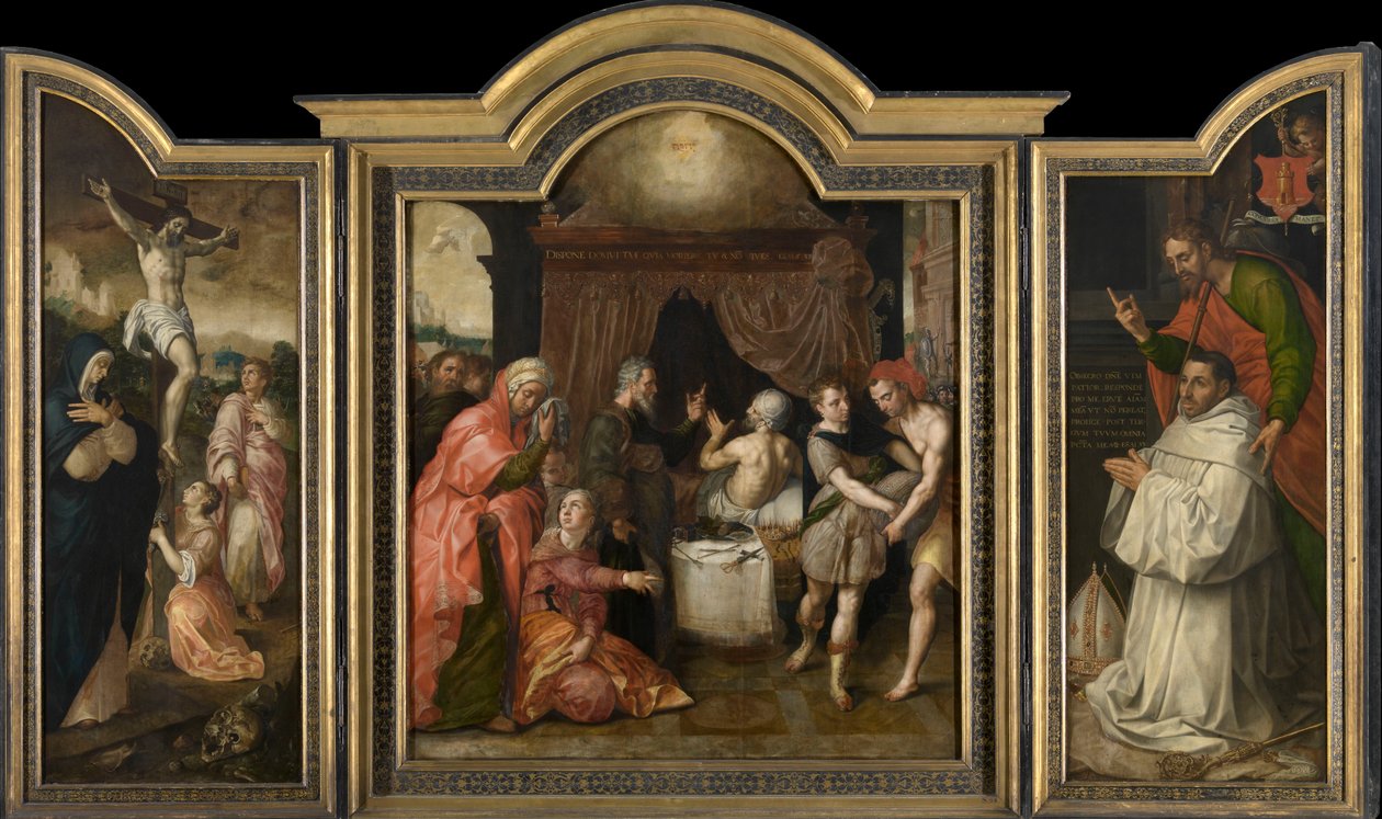 Crucifixion (venstre fløj), profetien om gendannelse af Hezekiah (midtpanel), Abbot Jacobus Delrio med skytshelgen (højre fløj) (olie på panelet) af Jacob de Backer