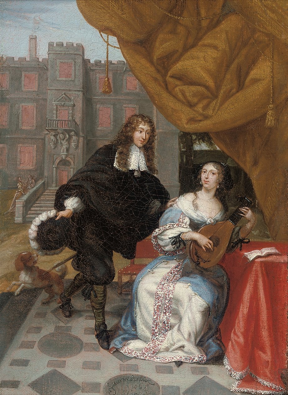 En herre, der bejler til en dame, der laver musik i en gårdhave, 1668 af Jacob de Fourmentrou