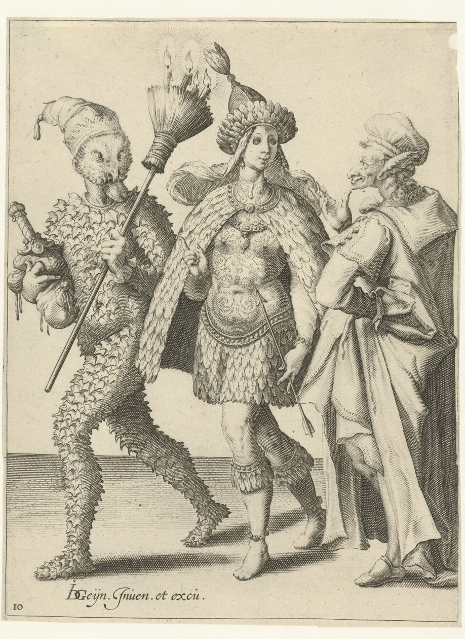 Tre maskerede figurer, en af ​​dem med en kost, hvori der sidder stearinlys The Masquerades (serietitel) af Jacob de Gheyn (II) (workshop of)