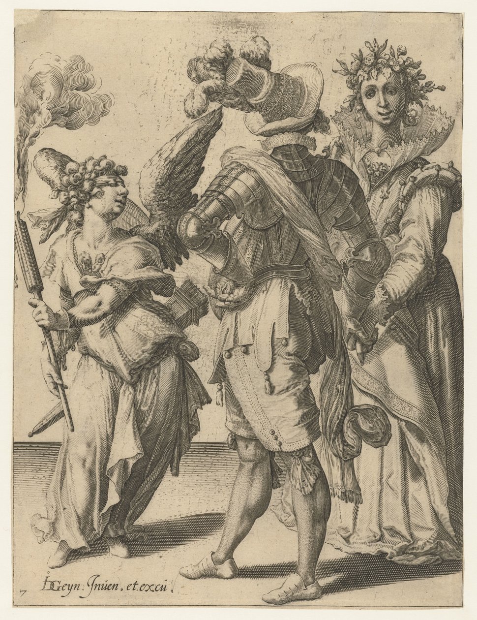 En amor med bind for øjnene med en fakkel foran et par i festlig påklædning The Masquerades (serietitel) af Jacob de Gheyn (II) (workshop of)
