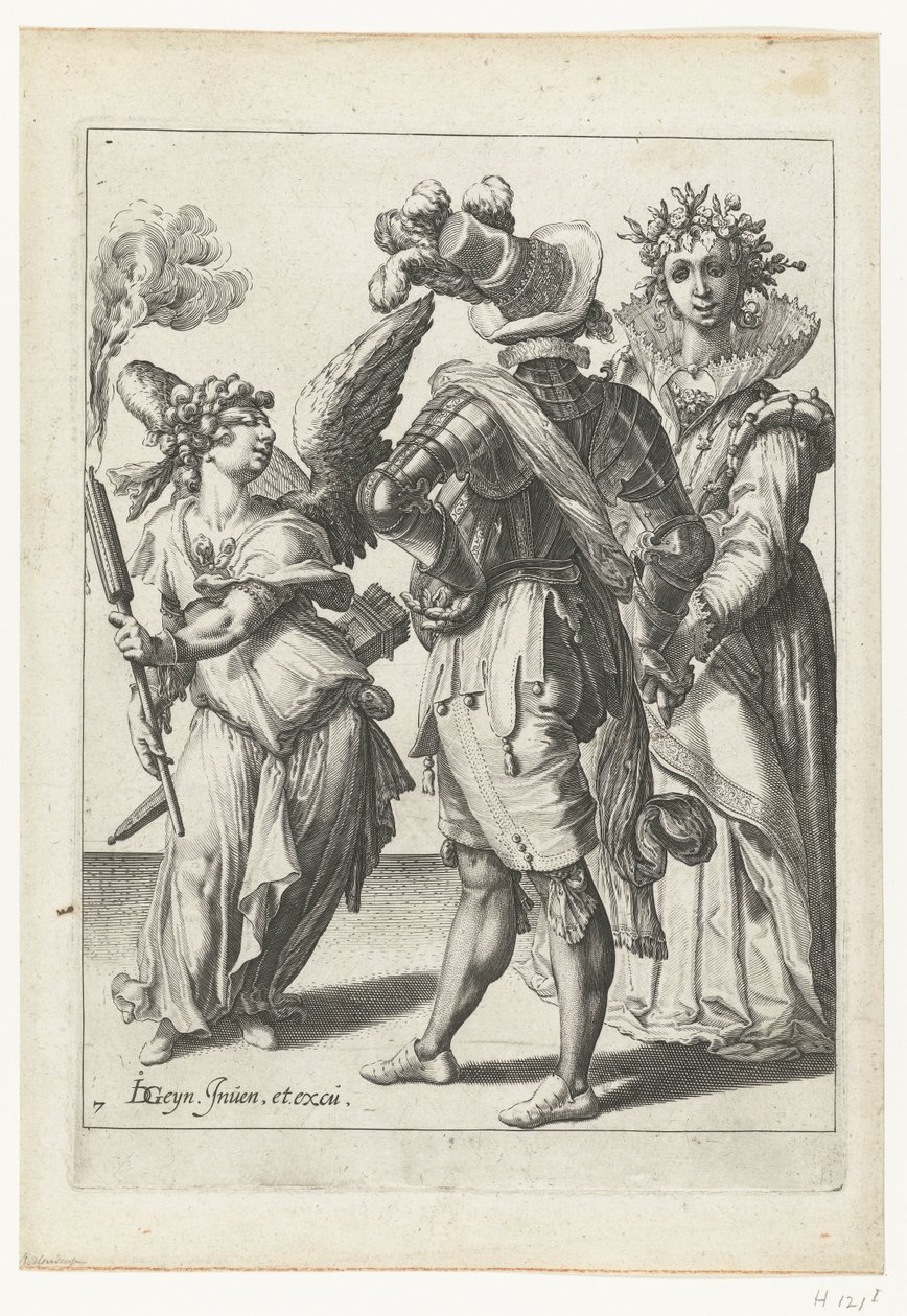 En amor med bind for øjnene med en fakkel foran et par i festlig påklædning The Masquerades (serietitel) af Jacob de Gheyn (II) (workshop of)