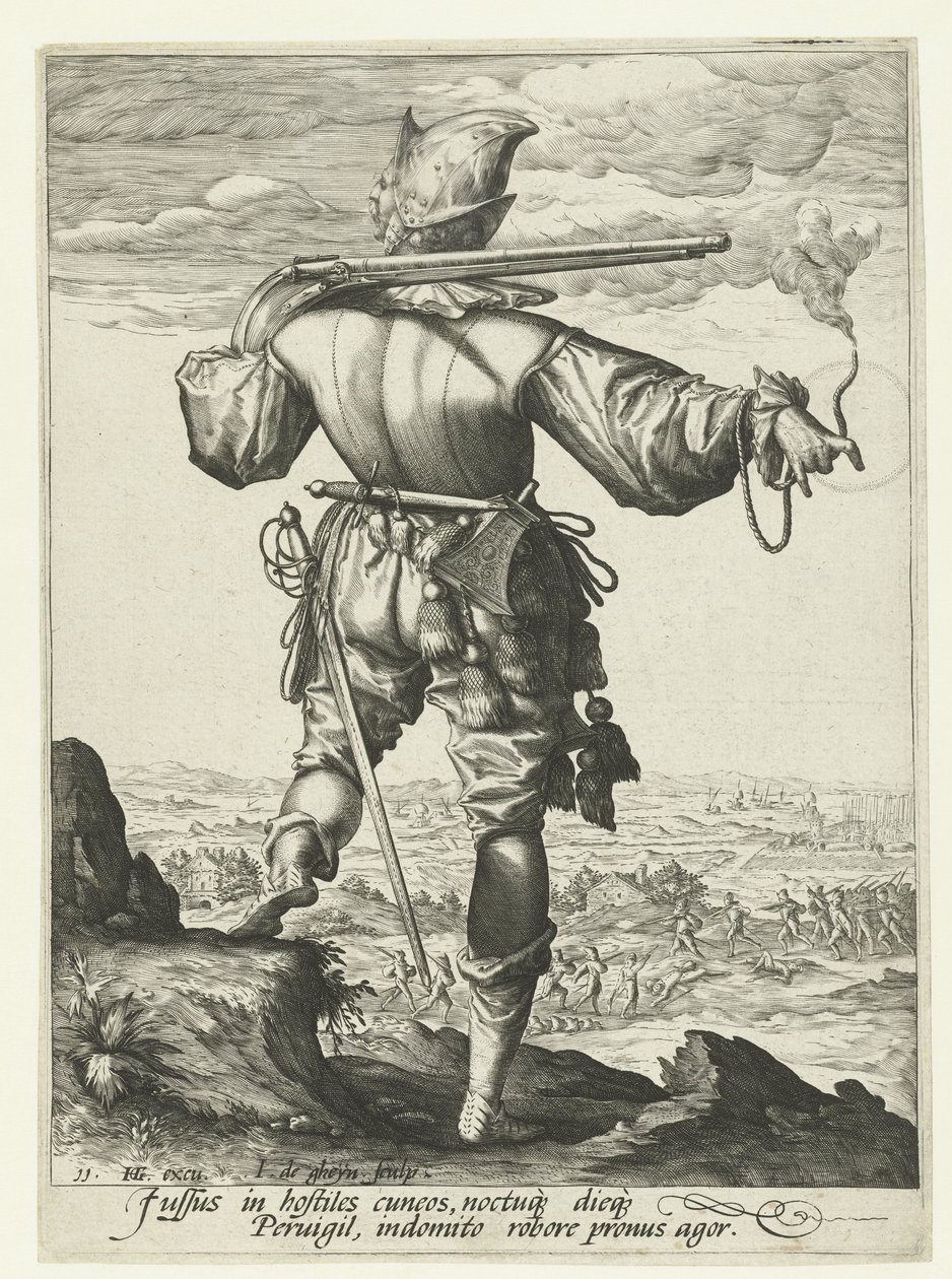Musketer (harquebusier?) med hjelm på Officerer og soldater (serietitel) af Jacob de Gheyn (II)