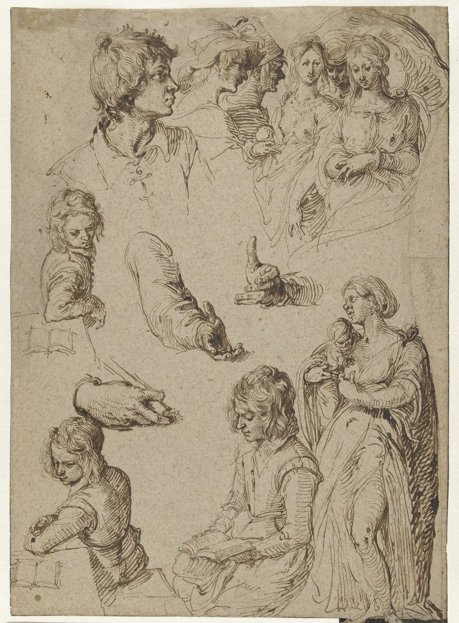 Studie af hænder og figurer Studieark med en ung mand, en kvinde med barn og en Paris-dom eller heksesabbat af Jacob de Gheyn (II)