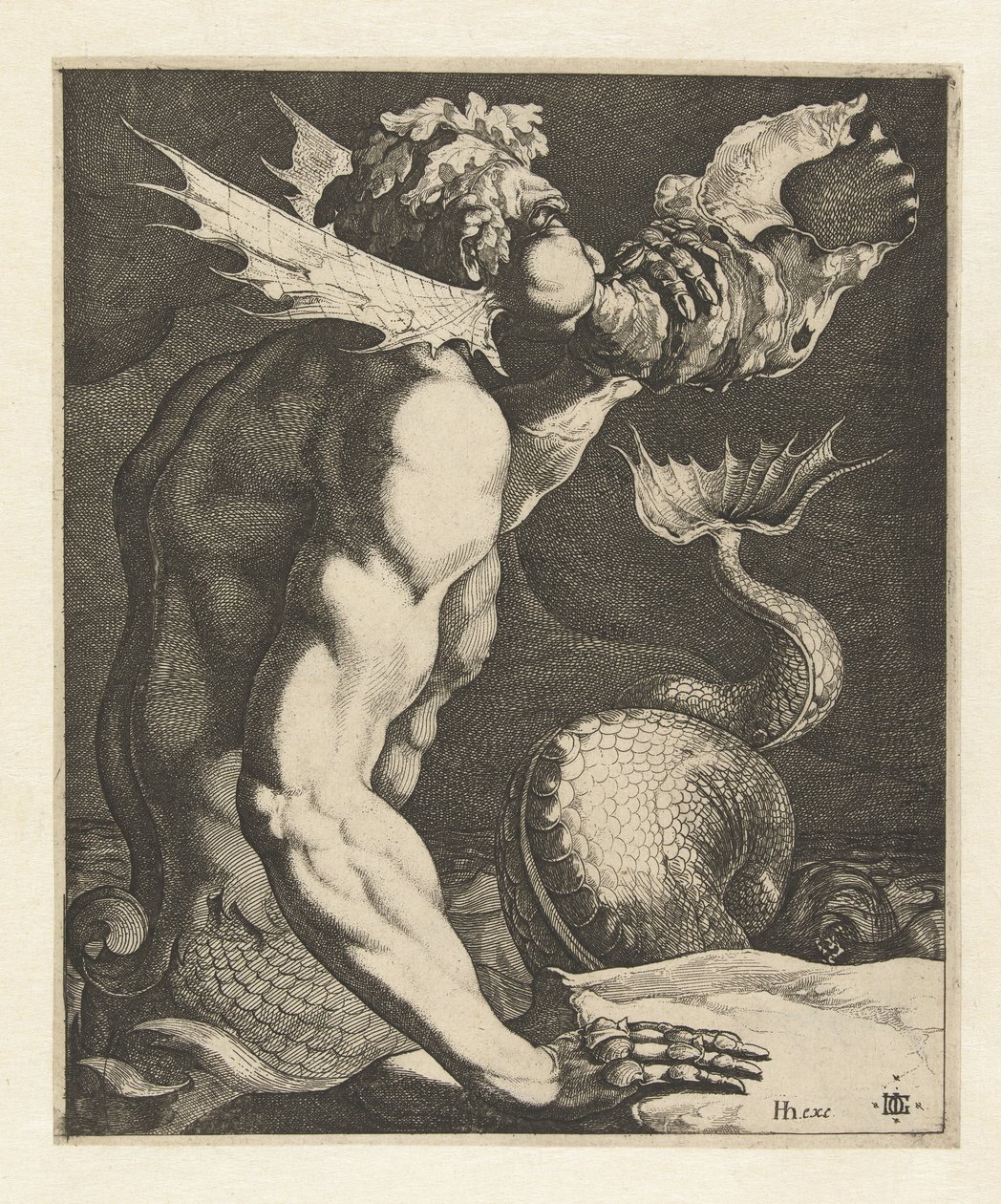 En triton blæser på en skal af Jacob de Gheyn (III)