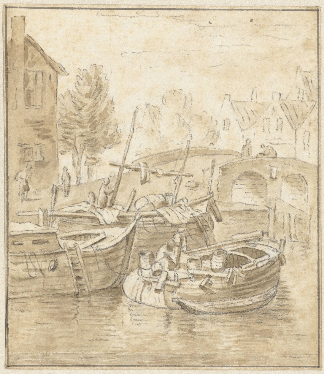 Skibe ved en bro i en by af Jacob de Vos