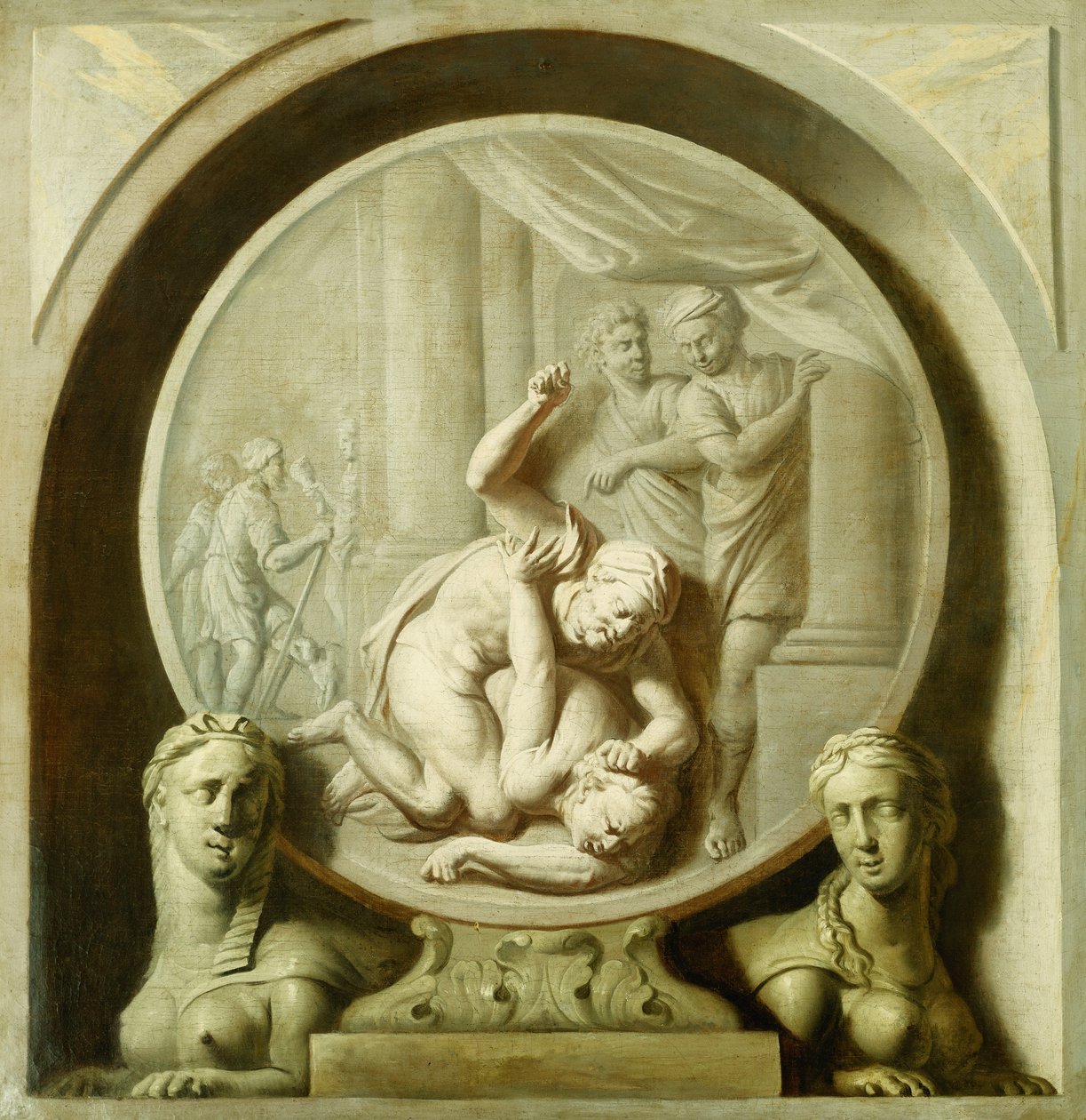 En dekorativ runddel med Odysseus, der kæmper mod tiggeren, og med Sphynxs af Jacob de Wit