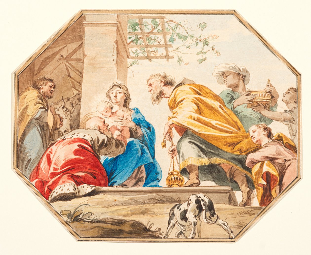 Adoration of the Magi, n. 1751 (grafiitti, kynä ja ruskea muste, akvarelli taidepaperille, leikattu kahdeksankulmioon, ruskealla musteella ja pesureunuksella) af Jacob de Wit