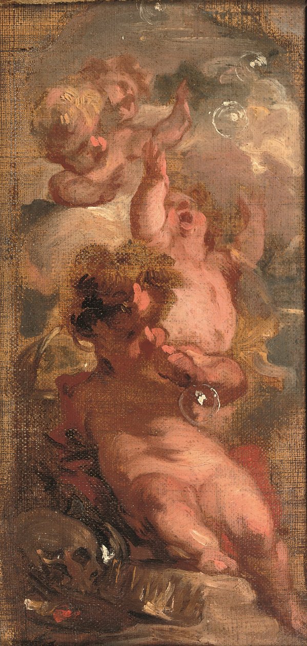 An Allegory of Vanitas: Fire putti, der blæser bobler, et kranium, en kunstners palet og en krone i nærheden (olie på lærred lagt ned på panelet) af Jacob de Wit