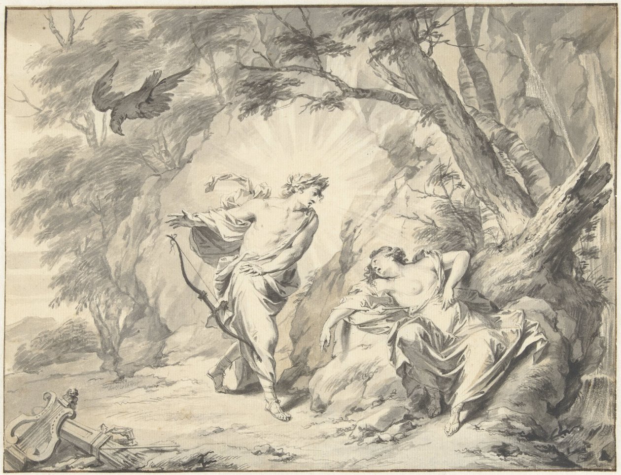 Apollon gennemborer Coronis med en pil af Jacob de Wit