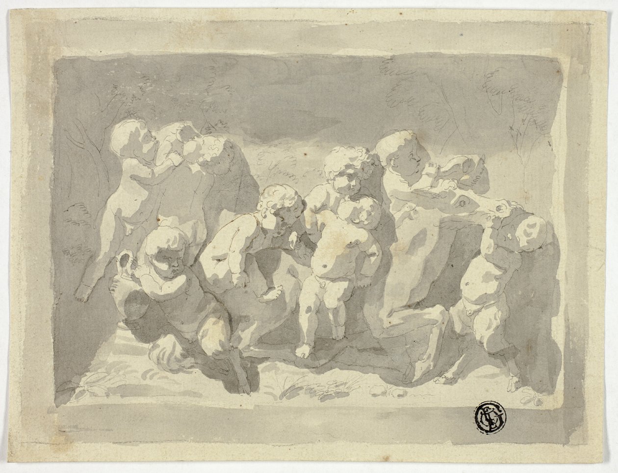 Baby-satyrer og putti leger med æsel af Jacob de Wit