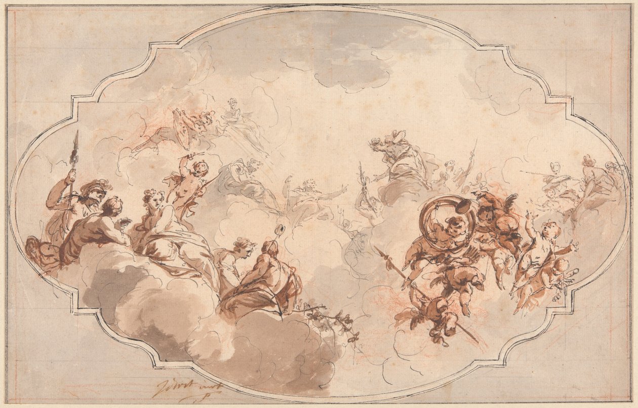 Design til et loft: Apotheosis of Callisto eller Diana (recto) og skitse af figurer (verso) af Jacob de Wit