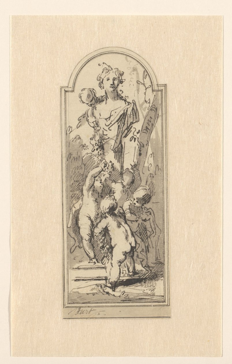 Putti med buste af kvinde mellem træer af Jacob de Wit
