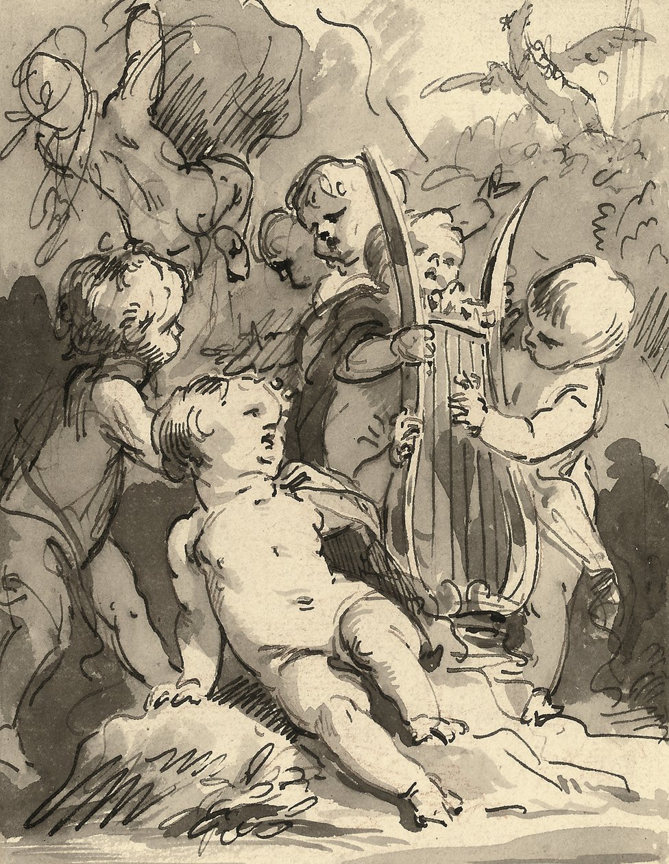 Putti spiller en lyre (rødt kridt, pen og sort blæk og grå vask) af Jacob de Wit