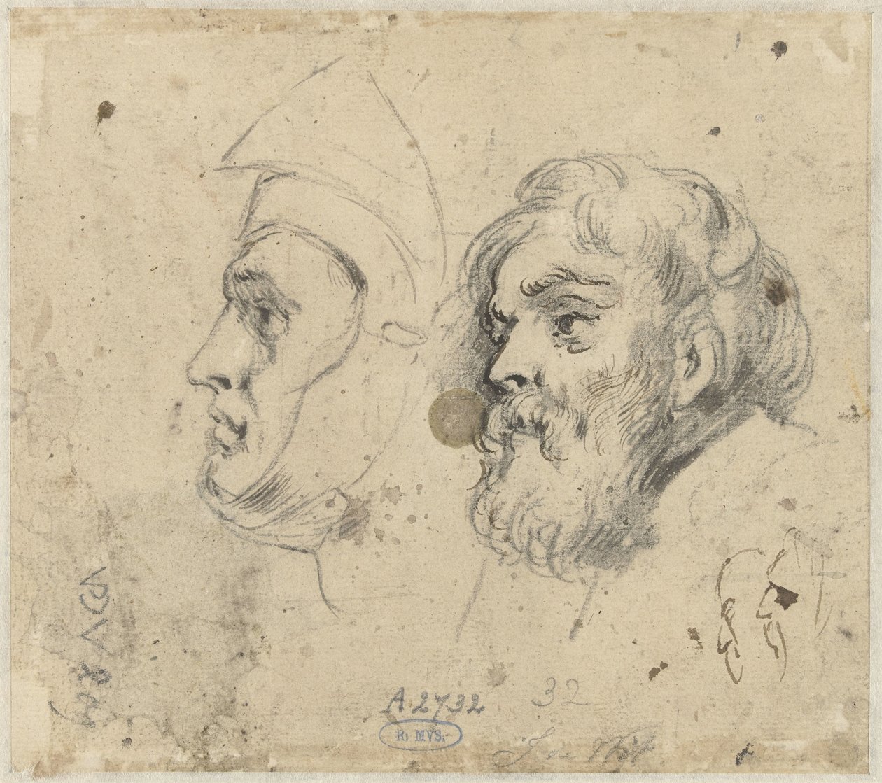 Studieark med to hoveder af Jacob de Wit