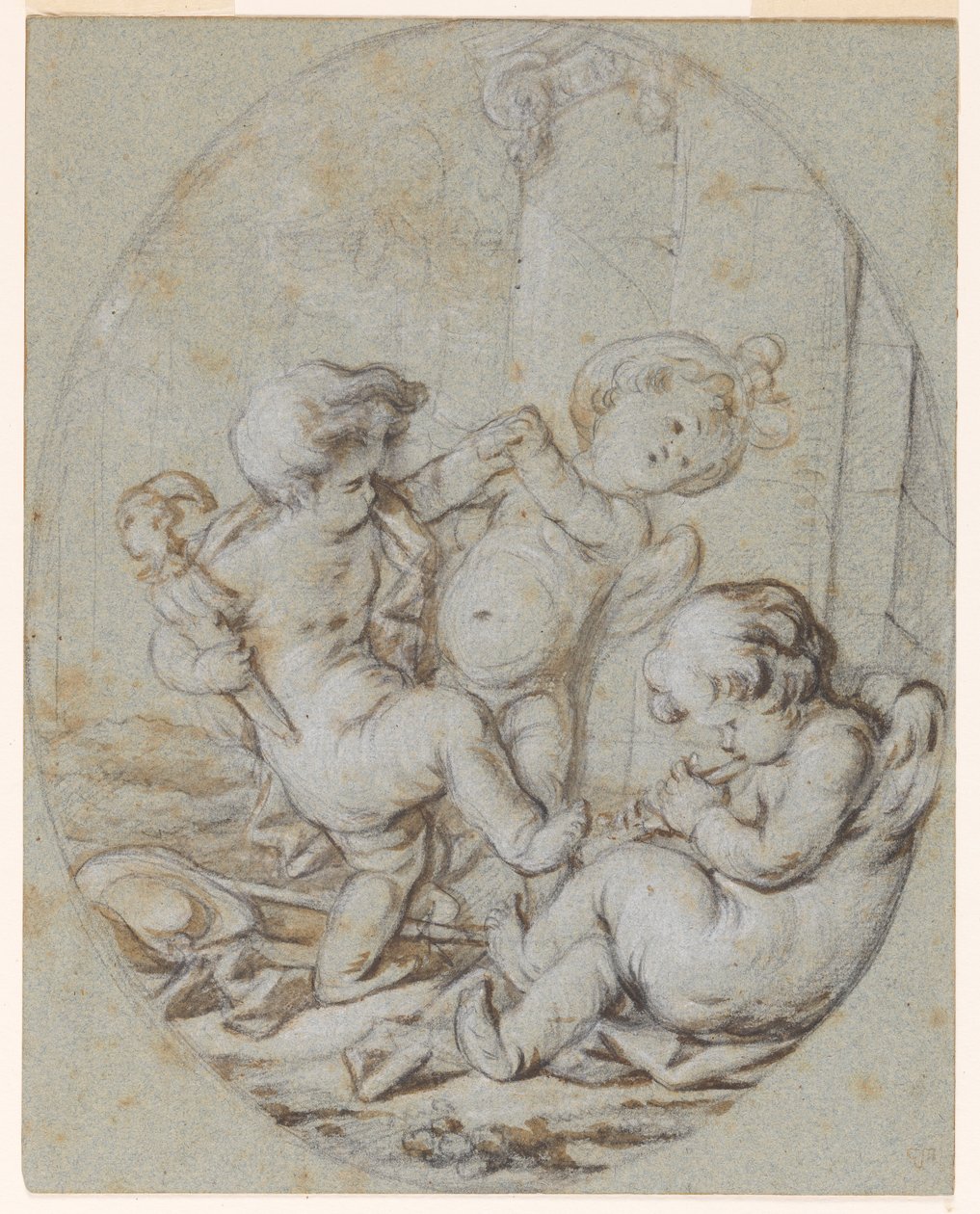 Three Putti: Design til et Grisaille-maleri af Jacob de Wit