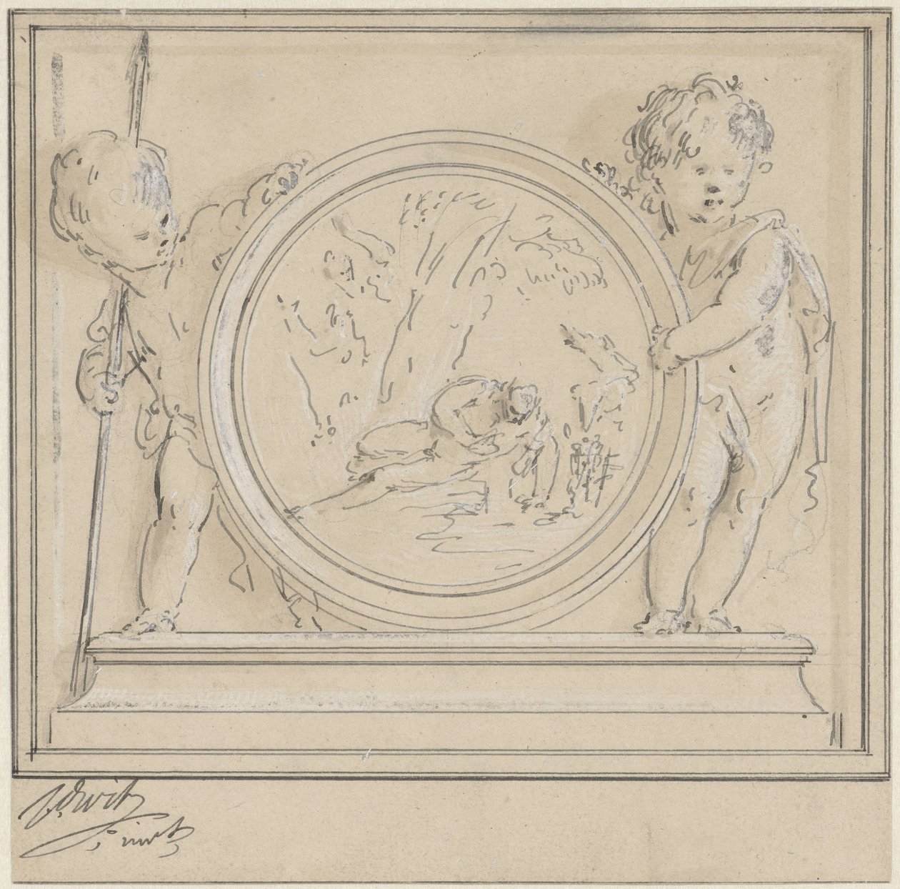 To putti med medaljon, hvori Narcissus og Echo af Jacob de Wit