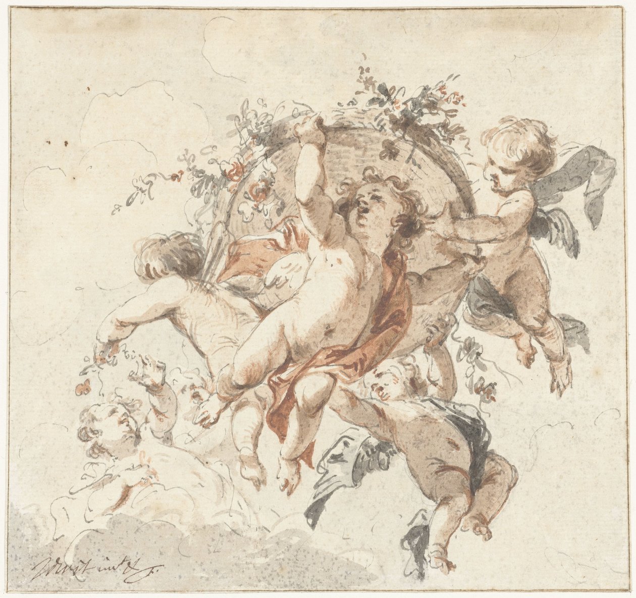 Flydende keruber med en blomsterkurv af Jacob de Wit