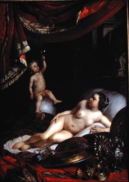 Allegorisk vanitas med Homo Bulla (Mennesket er som en boble) og Vrouw Wereld (Dameverden) 1654 (olie på lærred) af Jacob or Jacques van Loo