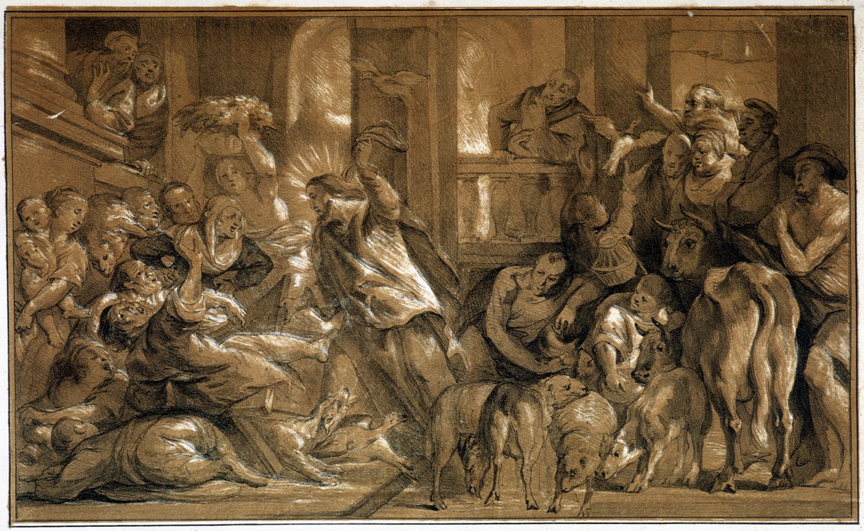 Kristus jagter købmænd fra templet - af Jordaens af Jacob the Elder (after) Jordaens