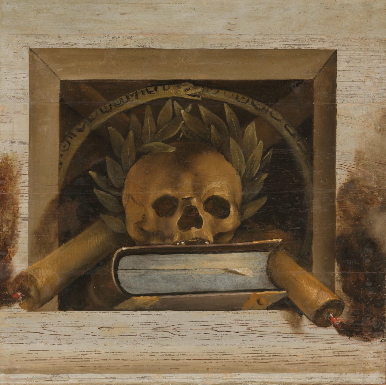 Vanitas stilleben med kranium med laurbærkrans, bog og to brændende stearinlys af Jacob van Campen