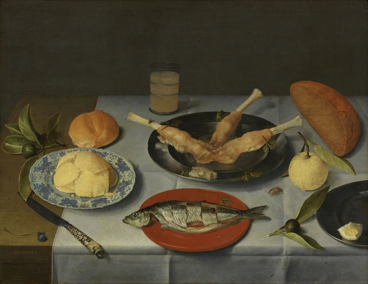 Morgenmad med brød, ost, fisk og øl, ca. 1615 af Jacob van Hulsdonck