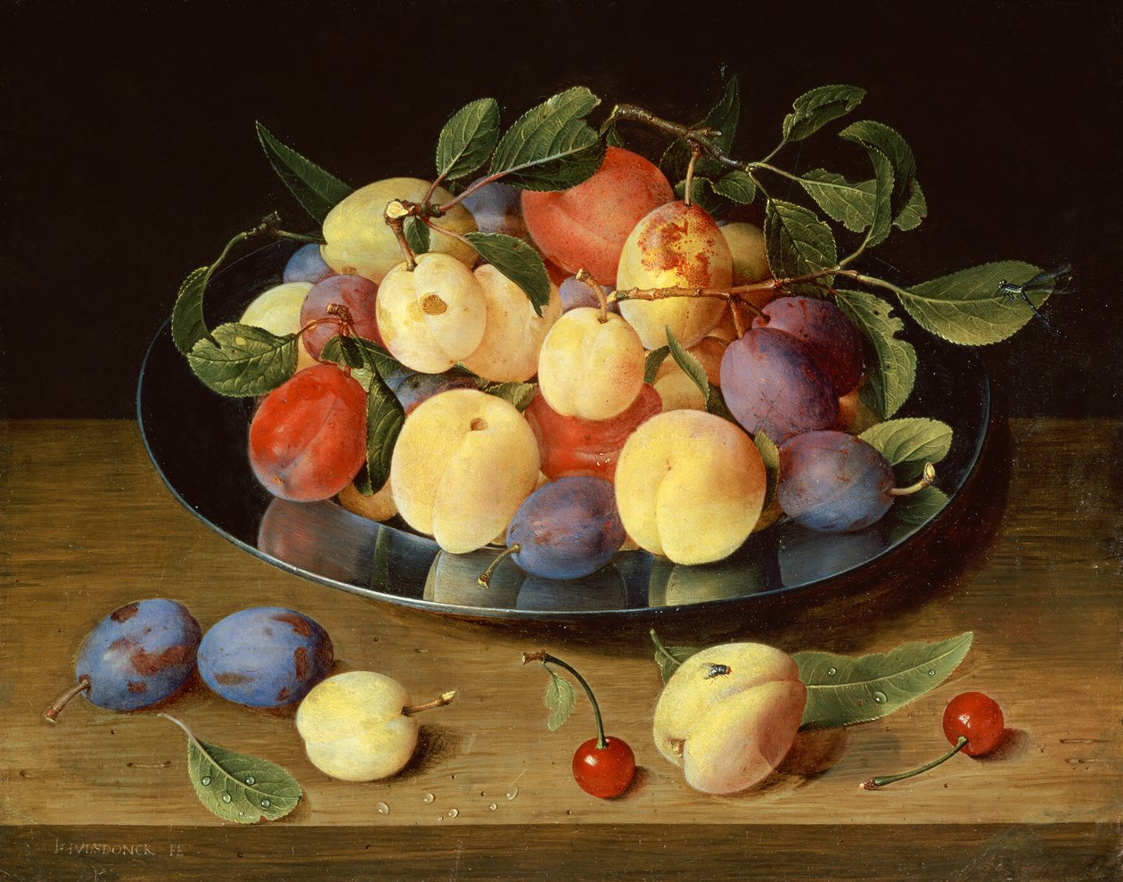 Blommer og ferskner på en tintallerken (olie) af Jacob van Hulsdonck