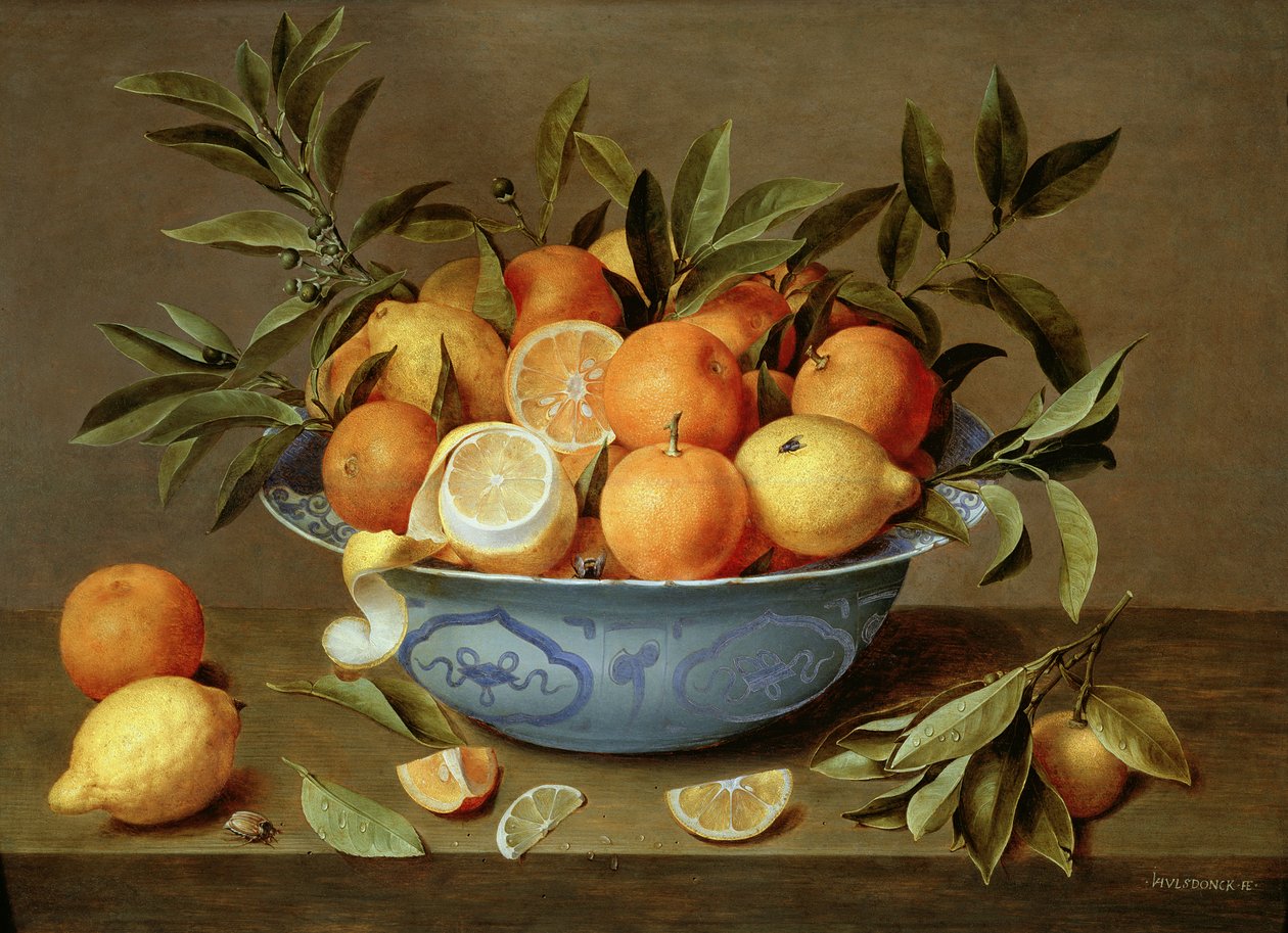 Stilleben med appelsiner og citroner i et Wan-Li porcelænsfad af Jacob van Hulsdonck