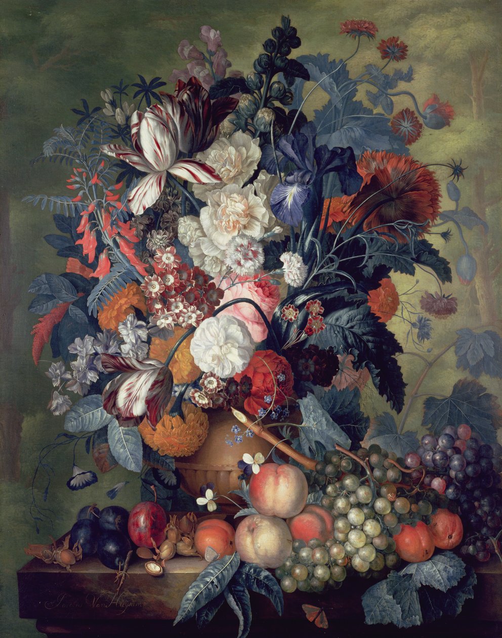 En Vase med Blomster med Frugt af Jacob van Huysum