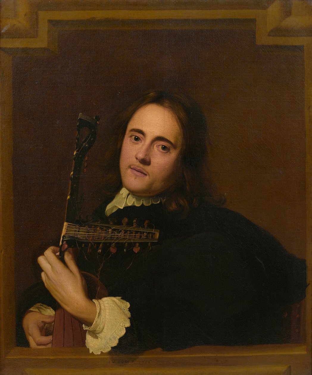 En ung mand ved et stenvindue spiller på en theorbe-løjte af Jacob van Oost