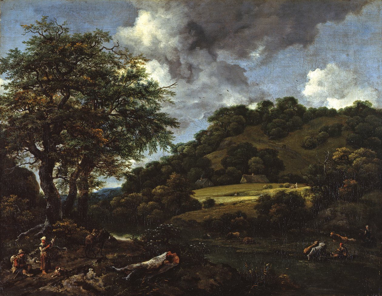 Et bakket landskab med høje egetræer af Jacob van Ruisdael