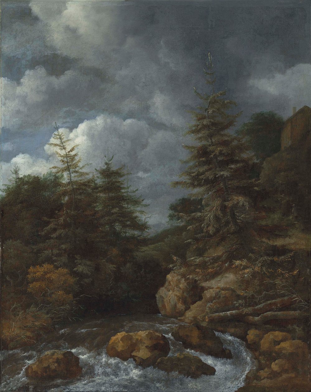 Et flodlandskab med grantræer ved en kaskade af Jacob van Ruisdael
