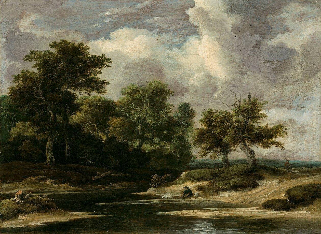 Et skovklædt flodlandskab med en rejsende og en hund af Jacob van Ruisdael