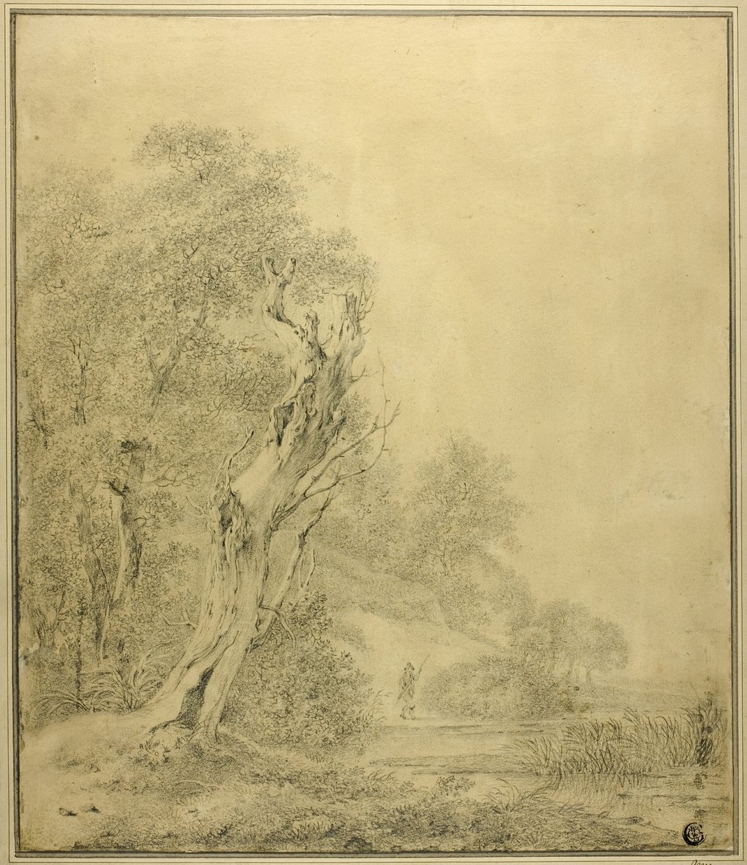 Dødt træ ved vandkanten, figur nærmer sig med pæl af Jacob van Ruisdael