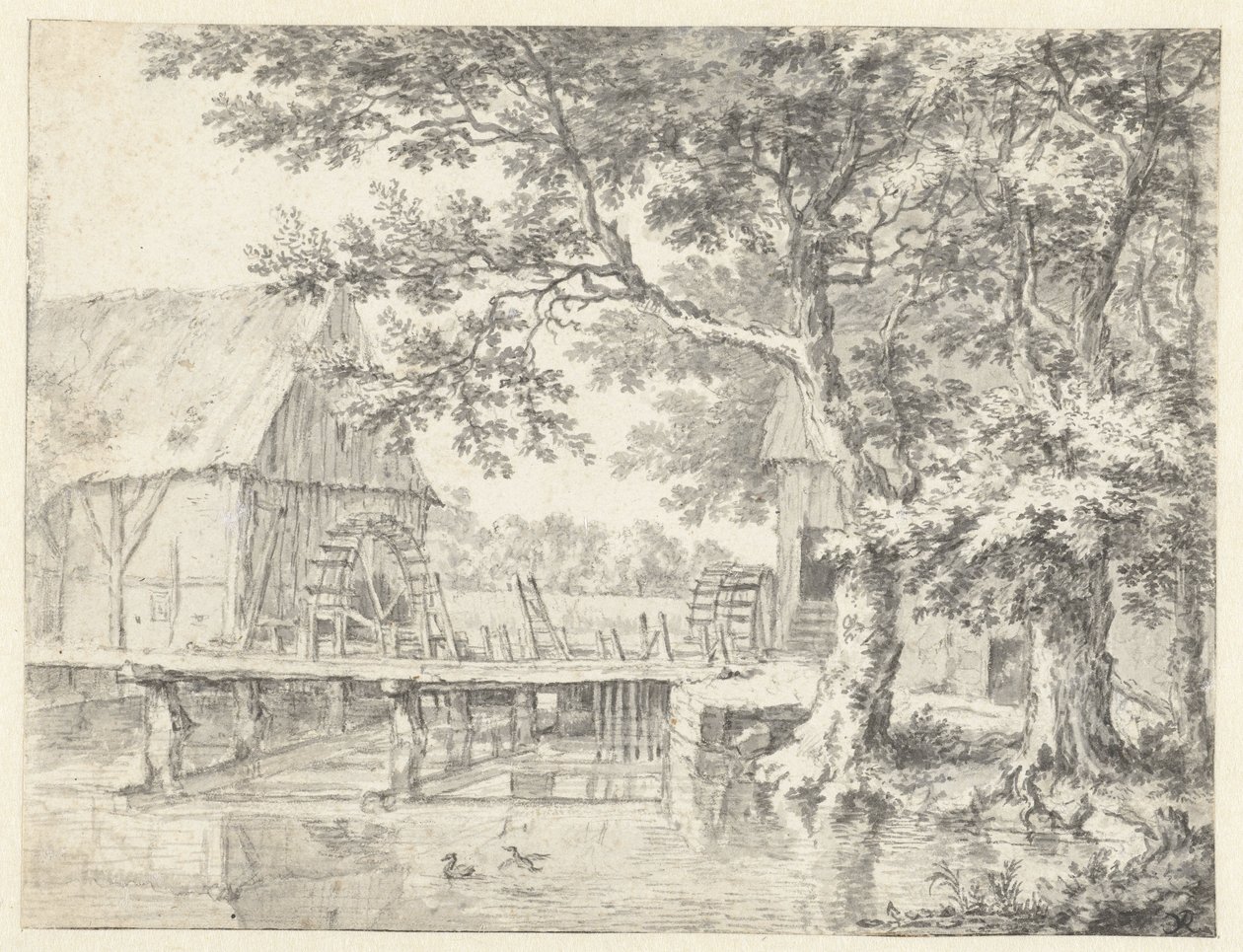 Tegning af en dobbelt vandmølle af Jacob van Ruisdael