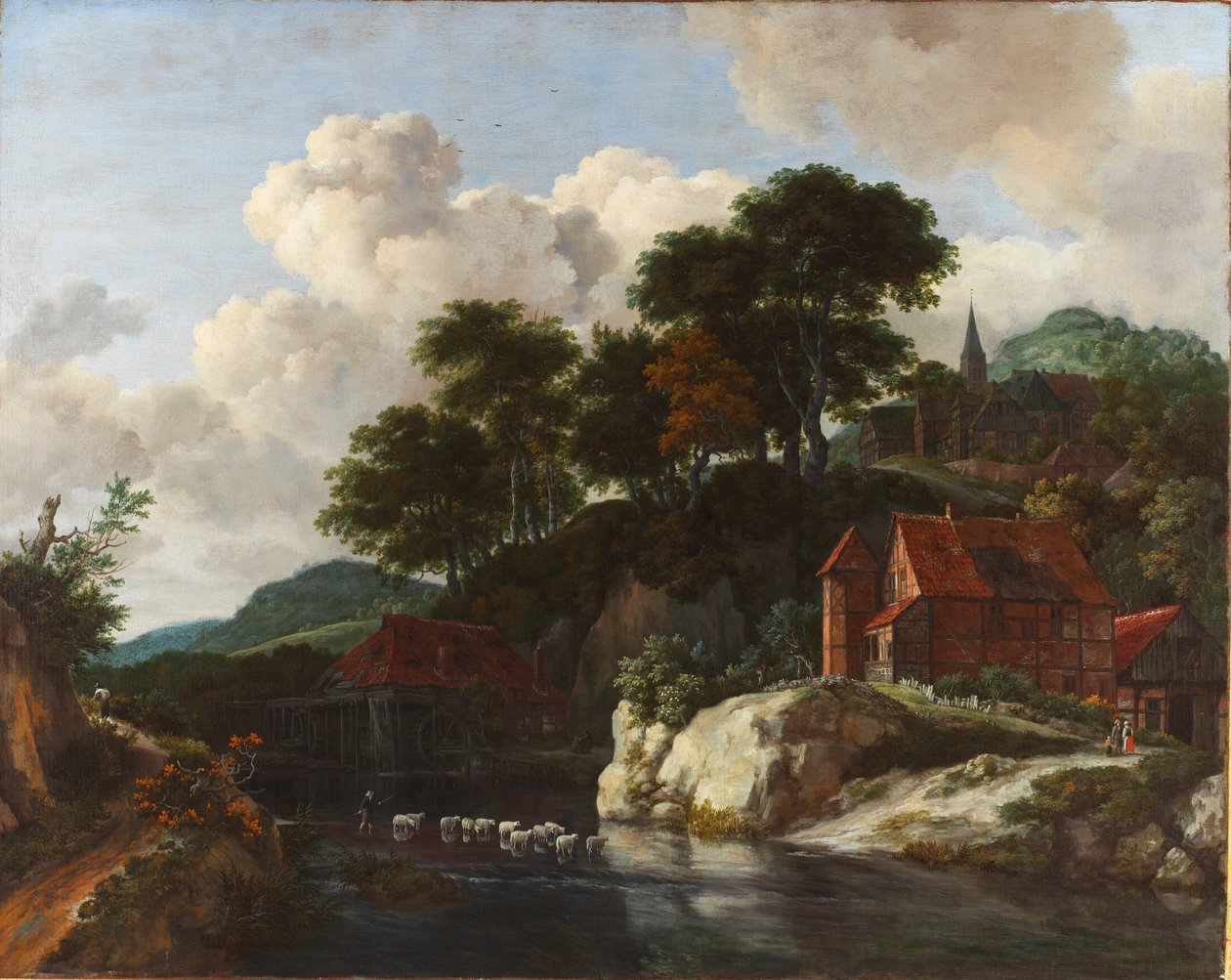 Bakket landskab med vandmølle af Jacob van Ruisdael