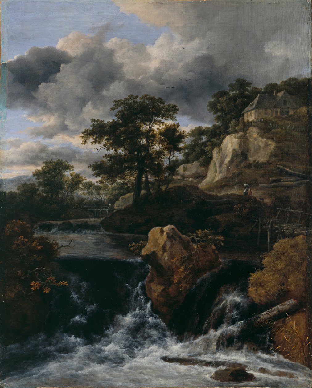 Bakket landskab med et vandfald af Jacob van Ruisdael