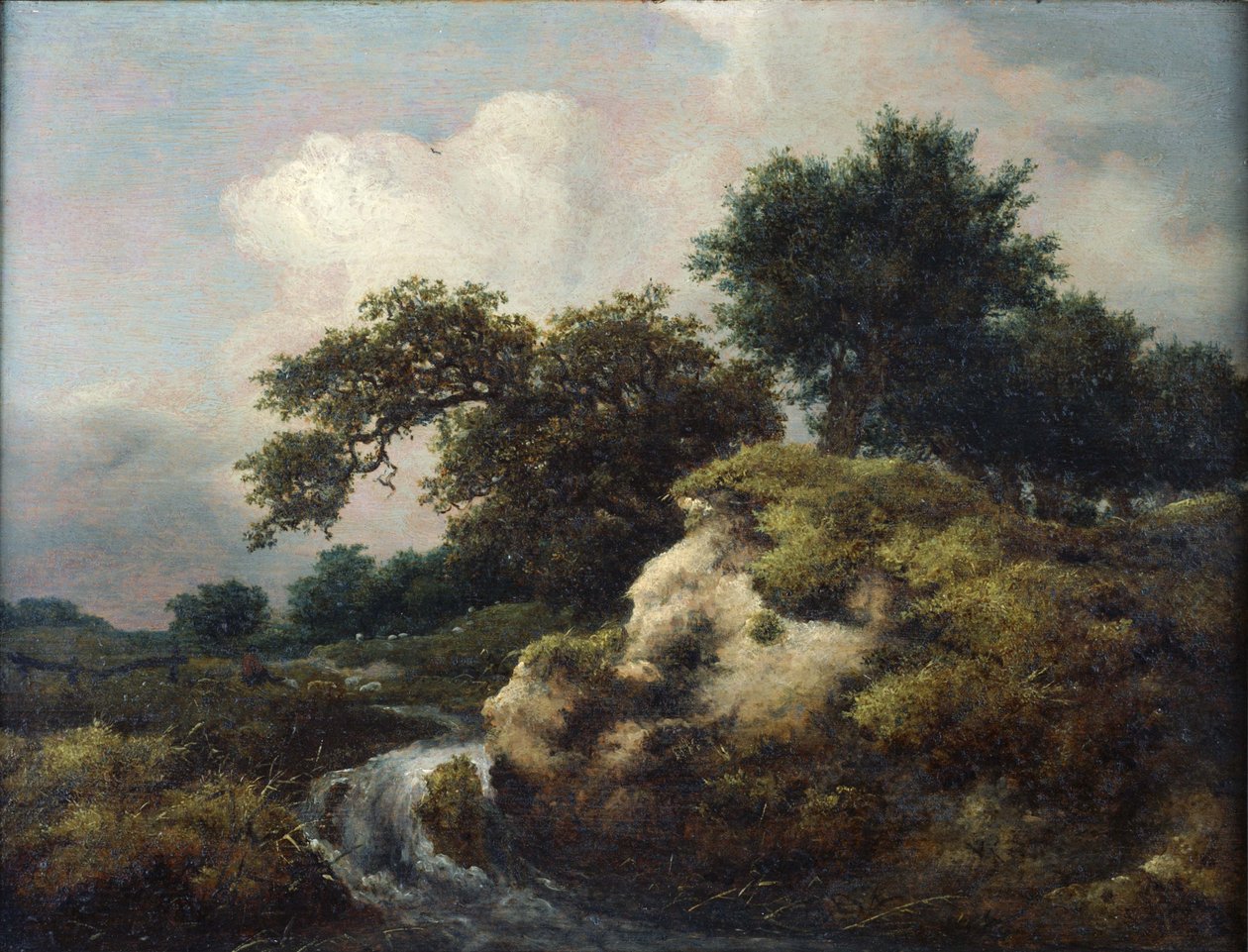 Landskab med klit og lille vandfald af Jacob van Ruisdael