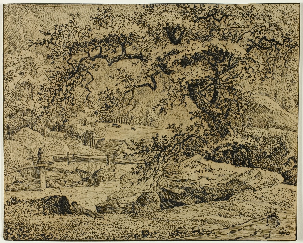 Landskab med figur hvilende under træ ved vandløb af Jacob van Ruisdael