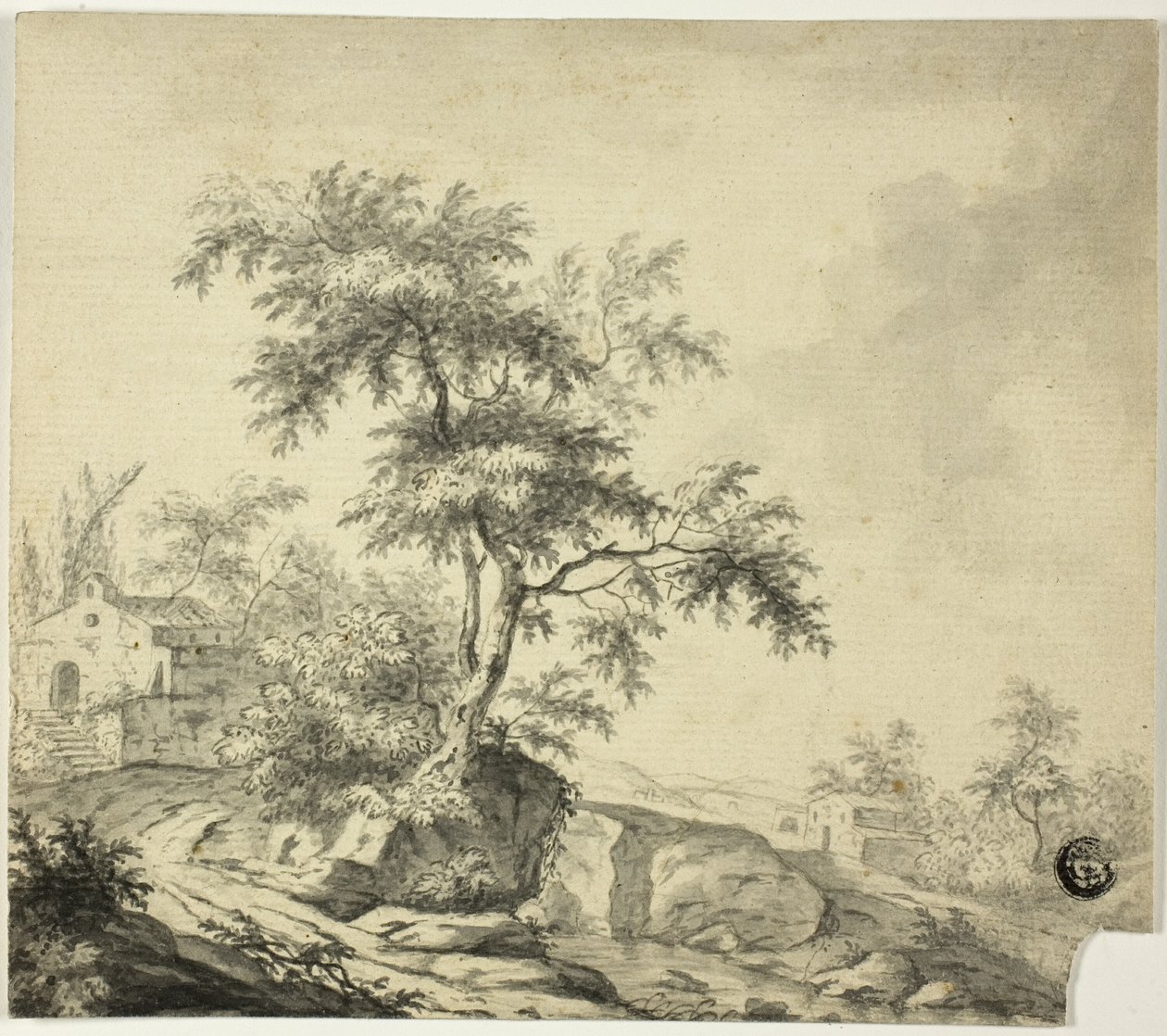 Landskab med træ på vej til bygninger af Jacob van Ruisdael