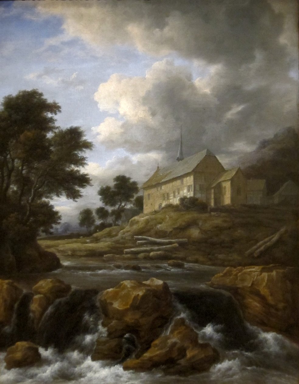 Landskab med en kirke ved et vandløb af Jacob van Ruisdael