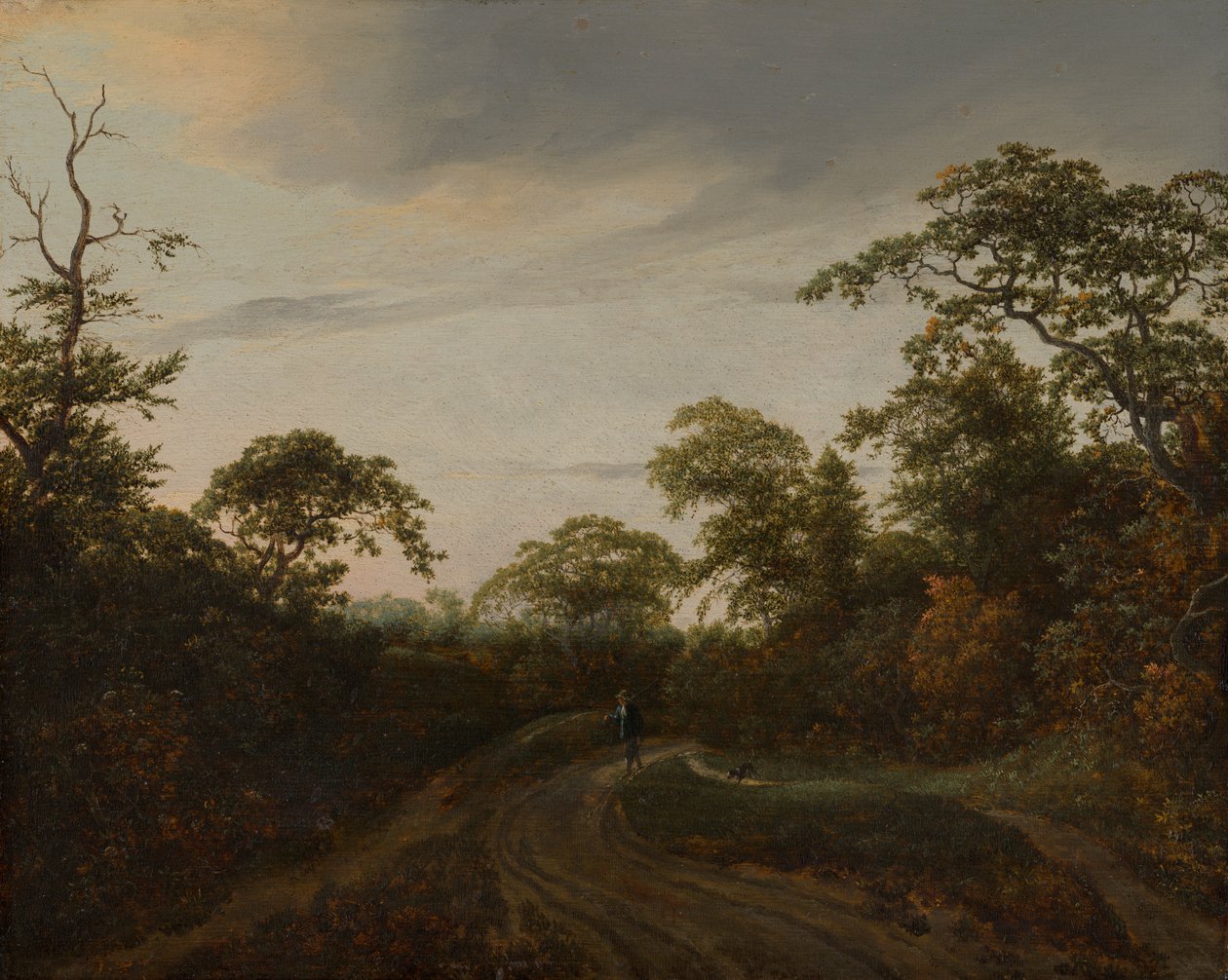 Vej gennem et skovklædt landskab i skumringen af Jacob van Ruisdael