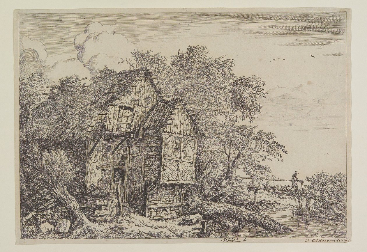 Hytta og gangbroen af Jacob van Ruisdael
