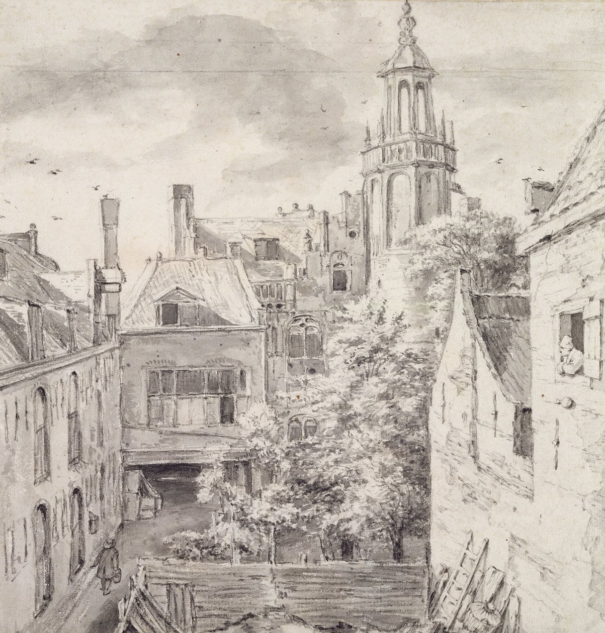 Udsigt over gården til House of the Archers of the St. Sebastian Guild på Singel i Amsterdam (blyant og vask på papir) af Jacob van Ruisdael
