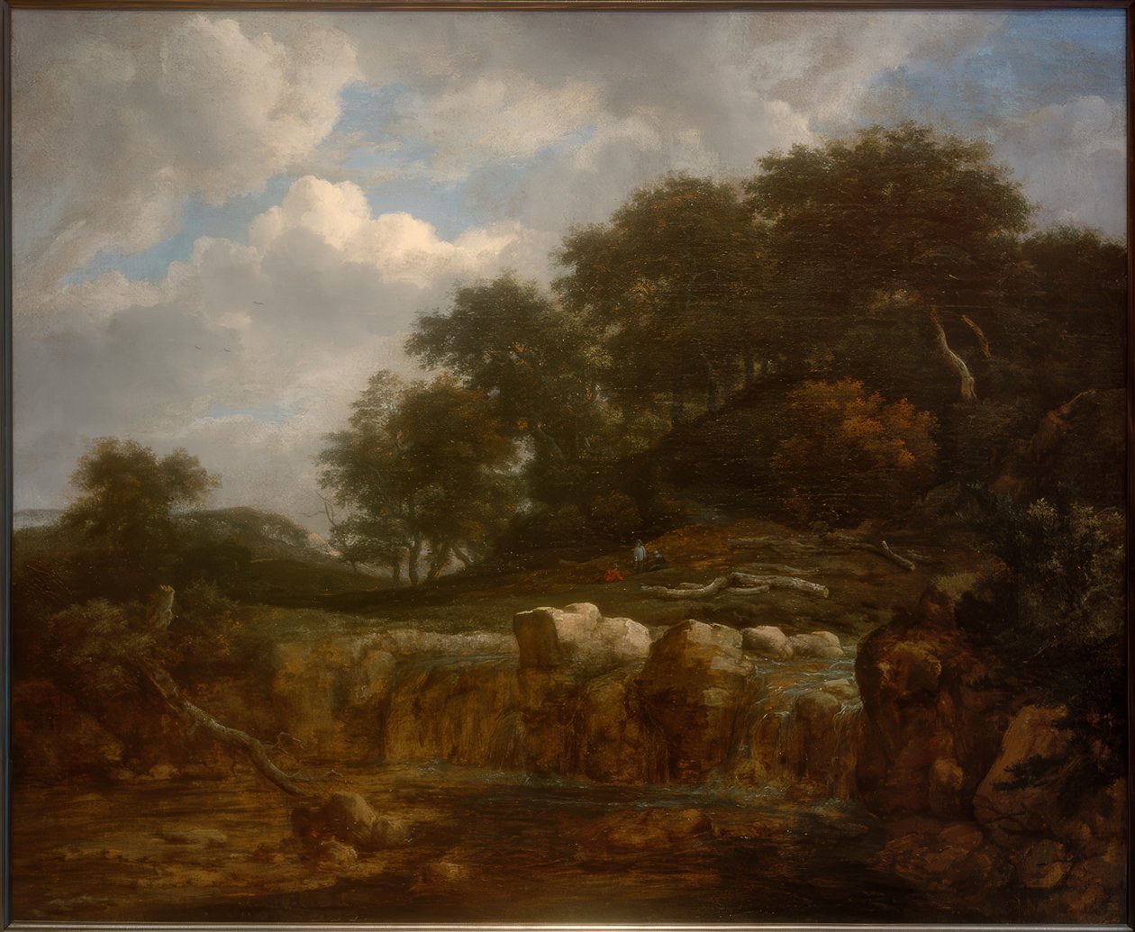 Vandfald i et bakket skovlandskab af Jacob van Ruisdael